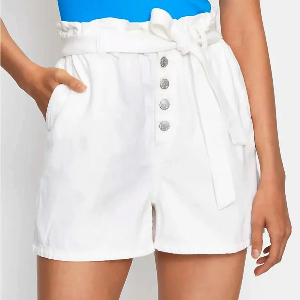 NEW Loft XL White Cream Paperbag Button Front Denim Jean Shorts Tie Belt